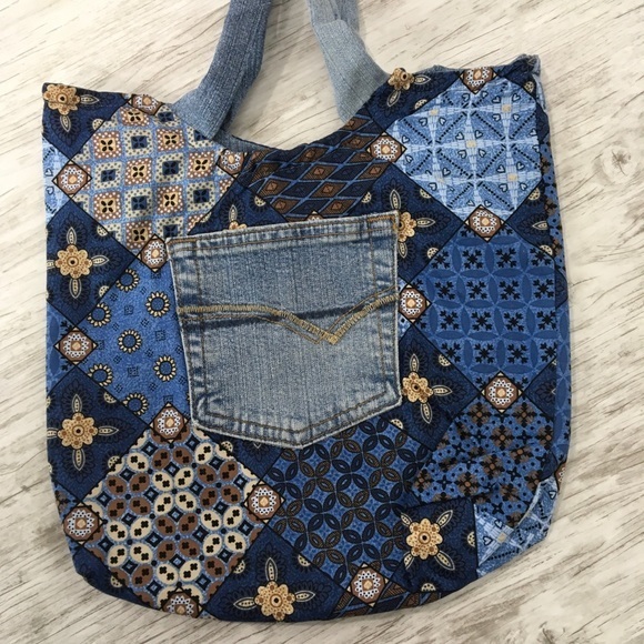 Boho Hippie Patchwork Denim Blue Jean Hand Bag Handmade Print Fabric - Picture 6 of 9